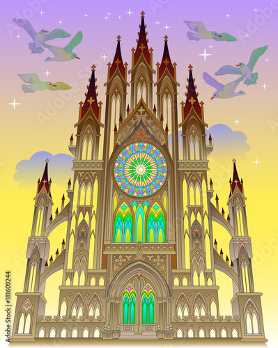 Illustration of a fairyland fantasy Gothic castle, vector cartoon image.