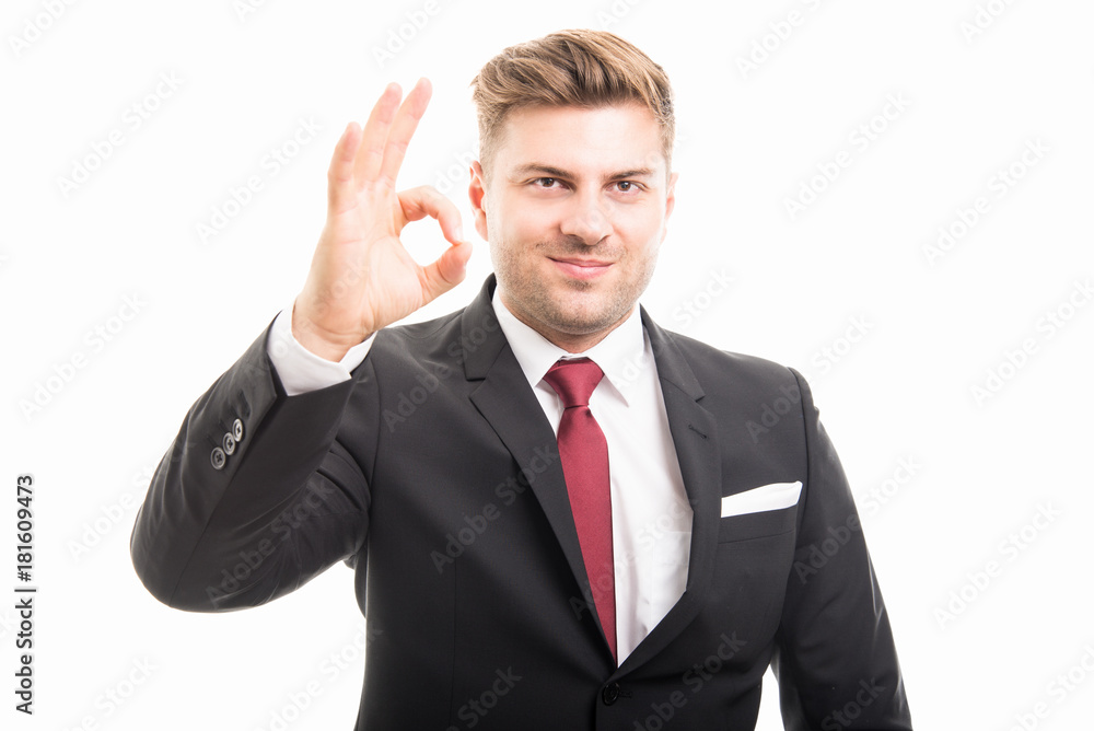 Portrait of handsome corporate business man showing ok gesture Portrait of handsome corporate business man showing ok gesture