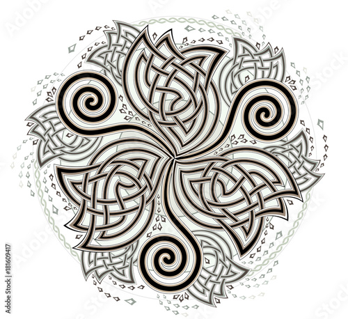 Fantasy Celtic disk ornament with triple spiral symbol, vector image.