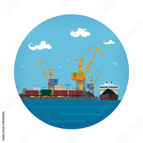 Seaport Icon, Unloading Coal or Ore from the Dry Cargo Ship, Logistic , Sea Freight Transportation, Port Warehouses and Cranes with Train Wagons, Vector Illustration