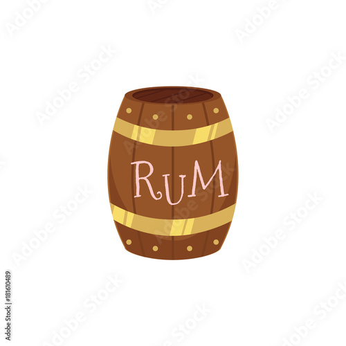 vector wooden rum barrel isolated illustration on a white background. Cartoon oak old keg, alcohol storage. Symbol of pirates, adventure, treasure