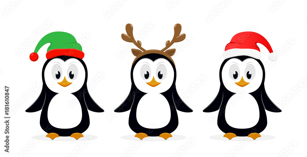 Fototapeta premium Three Christmas penguins on white background