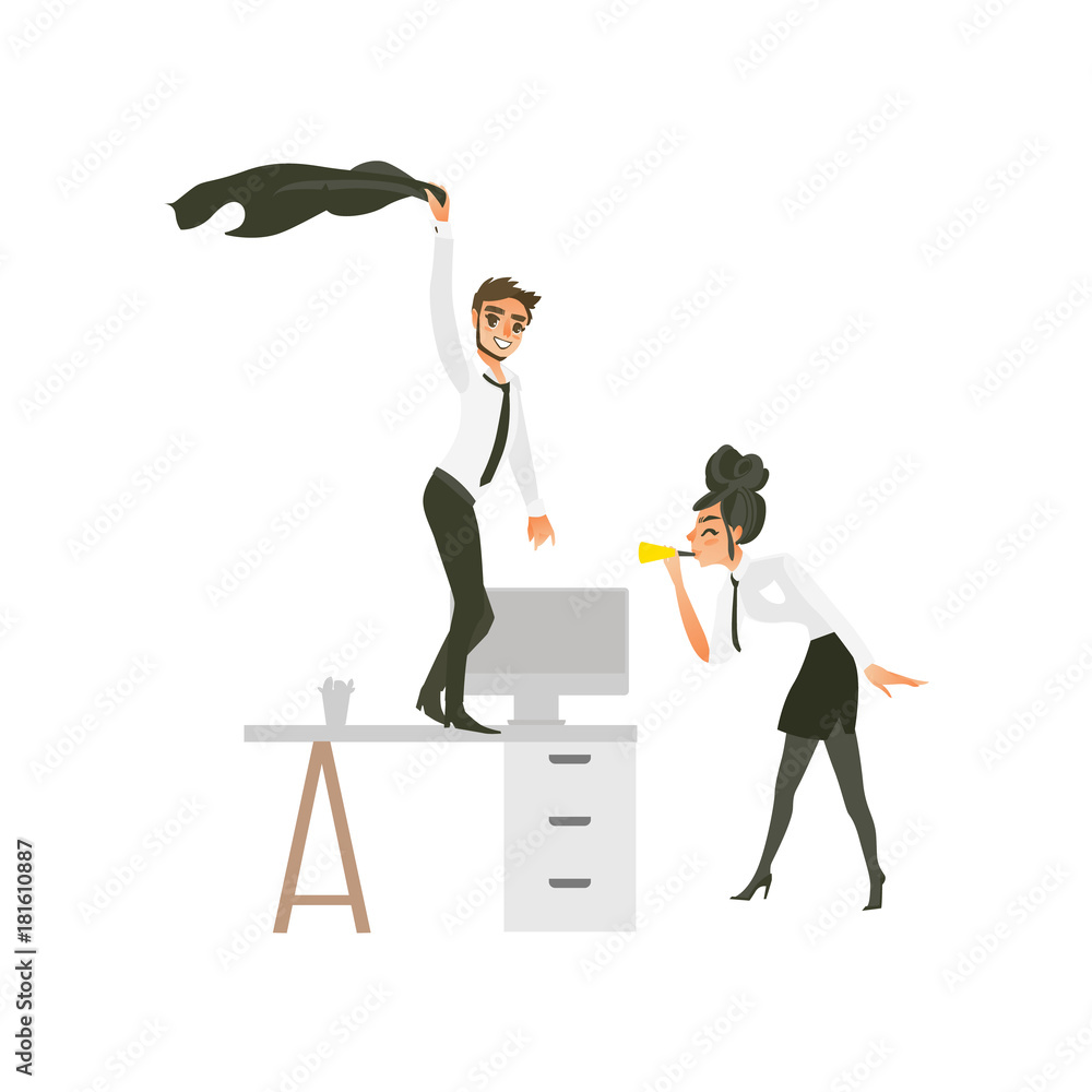 Naklejka premium vector flat cute girl office worker, business woman manager in corporate clothing in skirt, necktie dancing at floor blowing into pipe, man with beard dancing at table at party. Isolated illustration