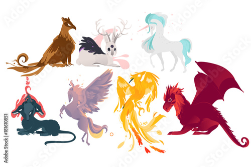 Set of mythical, mythological creates, animals - unicorn, jackalope, phoenix, pegasus, cerberus, griffon, dragon, flat cartoon vector illustration isolated on white background. Set of mythical animals