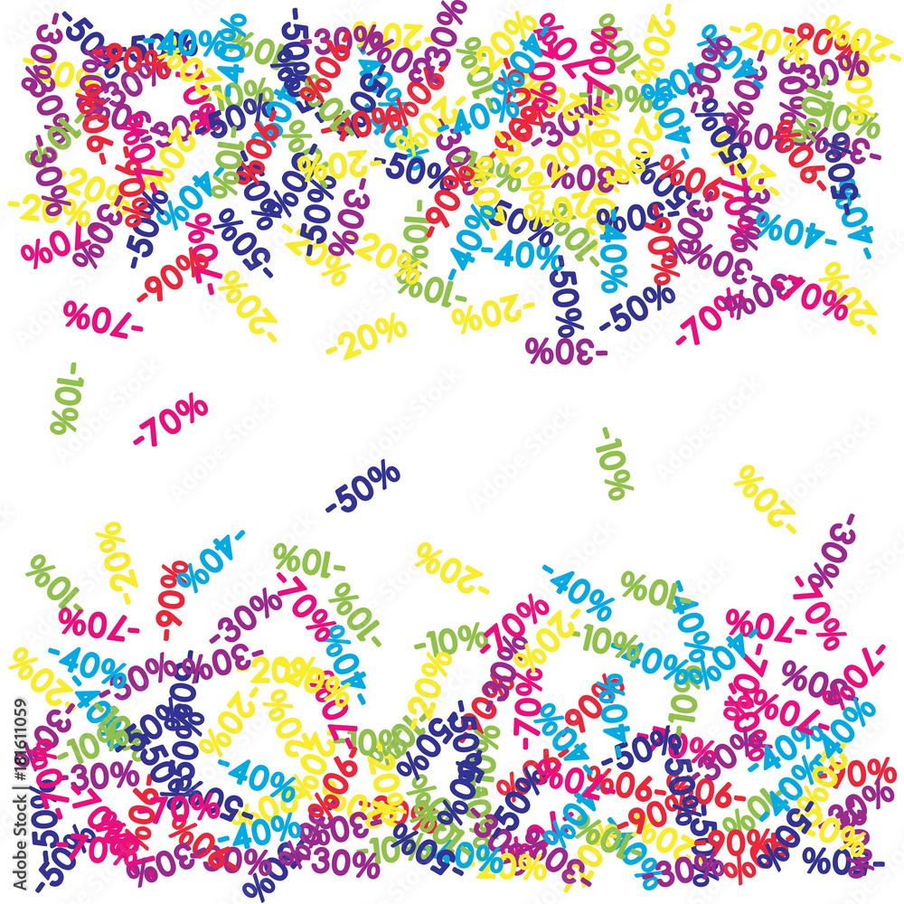 Obraz premium Sale Banner Confetti. Vector Falling Down -10, -20, -30, -40, -50, -70, 90 Banner or Sticker. Holidays Shopping Promotion Ads. Rebate Badge, Price Discount Hipster Sale Banner, Frame or Border