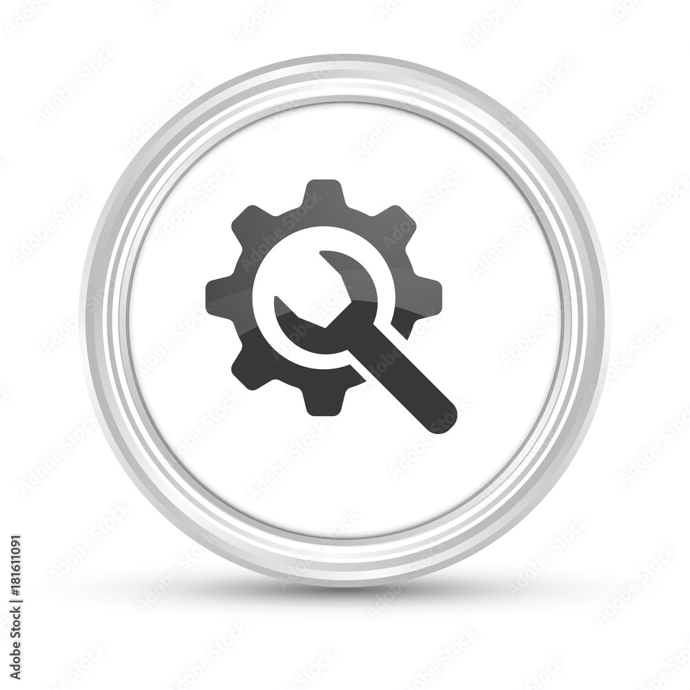 Weißer Button - Schraubenschlüssel mit Zahnrad Weißer Button - Schraubenschlüssel mit Zahnrad