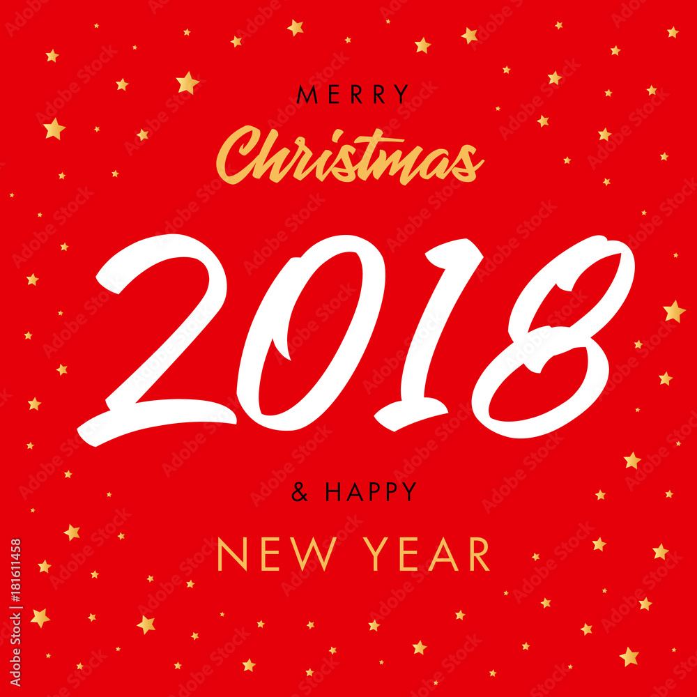 Merry Christmas calligraphy 2018 and Happy New Year red greeting card. White number 2018 hand drawn lettering and golden stars on red background. Vector illustration
