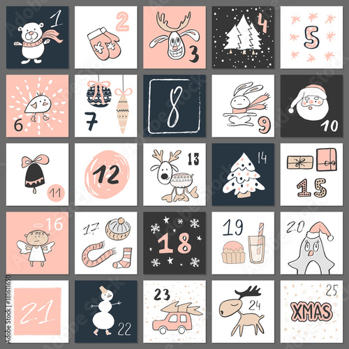 Christmas advent calendar, hand drawn style. Vector illustration.
