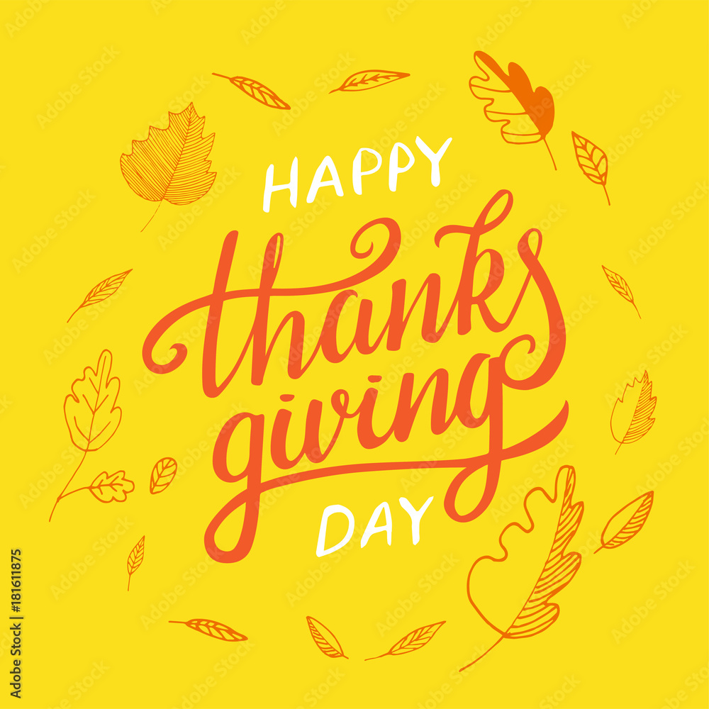 Vector thanksgiving day greeting lettering phrase. Happy thanksgiving with round frame of autumn leaves, pumpkin on yellow blackboard.