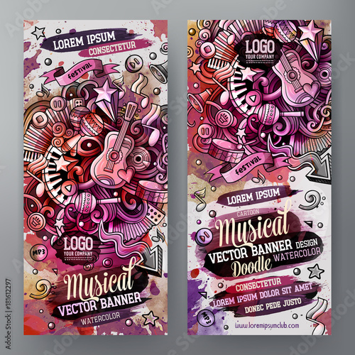 Cartoon hand drawn watercolor doodles Music banners design template.