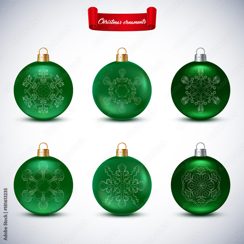 Collection of green Christmas Balls on white background. Christmas Balls with snowflake. Collection of green Christmas Balls on white background. Christmas Balls with snowflake.