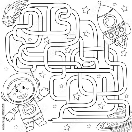 Help cosmonaut find path to rocket. Labyrinth. Maze game for kids. Black and white vector illustration for coloring book