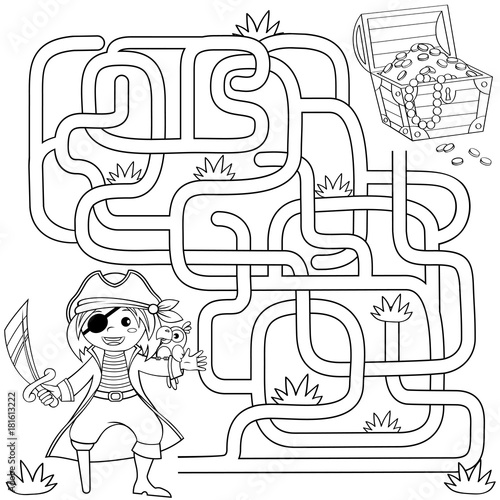 Help pirate find path to treasure chest . Labyrinth. Maze game for kids. Black and white vector illustration for coloring book