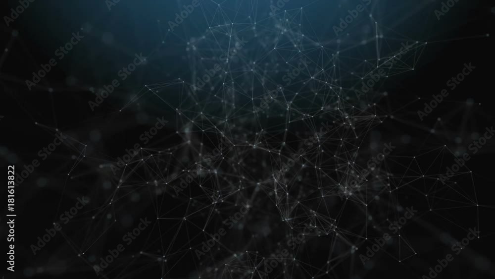 Plexus fantasy abstract technology. Abstract geometric background with moving lines, dots and triangles.