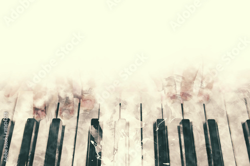 Abstract beautiful hand playing keyboard of the piano foreground Watercolor painting background and Digital illustration brush to art..