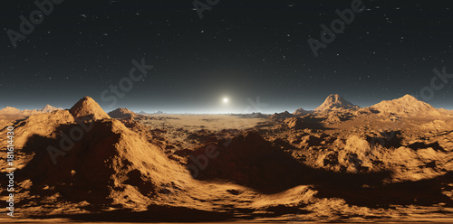 Fototapeta Naklejka Na Ścianę i Meble -  Panorama of Mars sunset, environment HDRI map. Equirectangular projection, spherical panorama. Martian landscape, 3d illustration