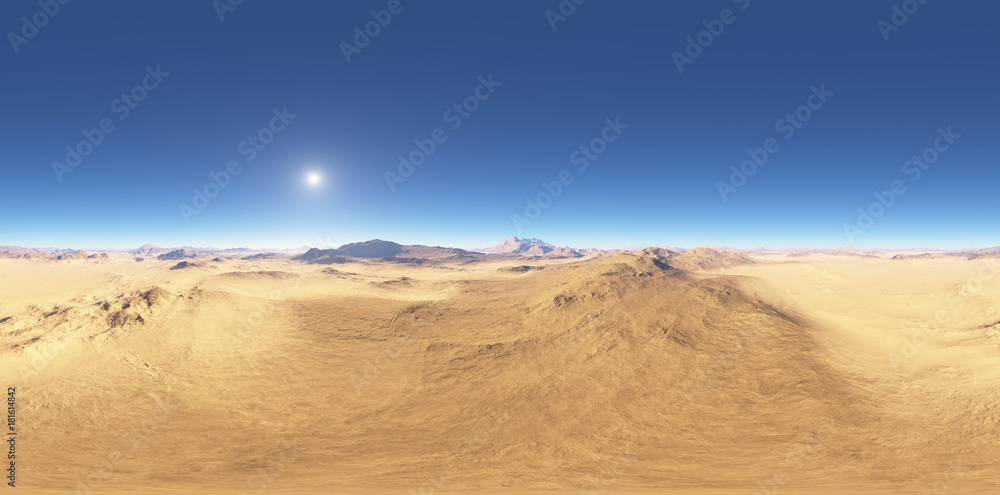 Obraz premium Panorama pustynnego krajobrazu słońca, mapa środowiska HDRI. Rzut równomierny, panorama sferyczna. Renderowania 3d