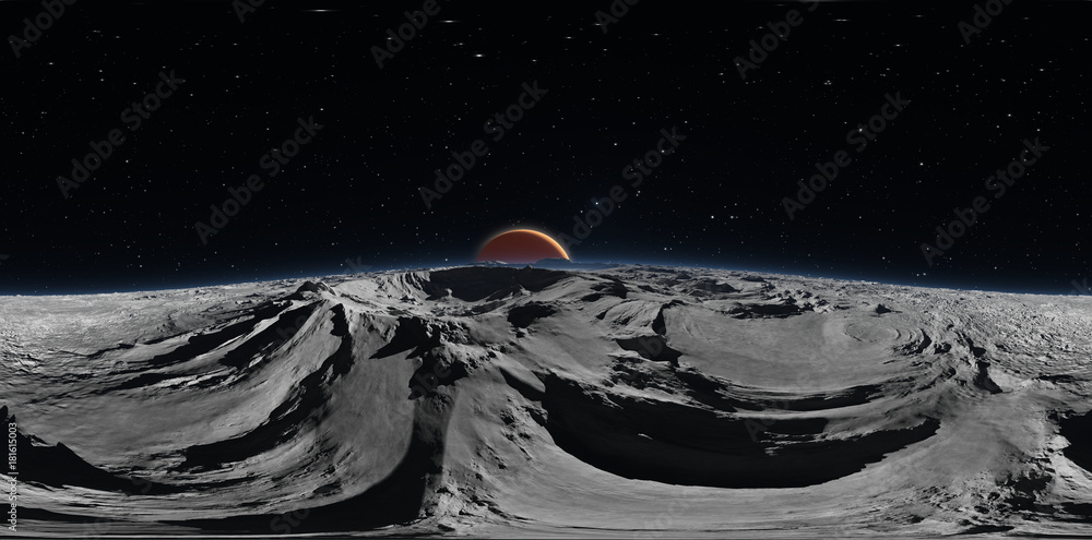 Fototapeta premium Panorama Fobosa z czerwoną planetą Mars w tle, mapa środowiska HDRI. Projekcja równokątna, panorama sferyczna. Ilustracja 3D