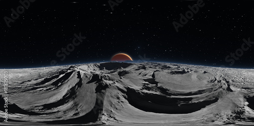 Fototapeta Naklejka Na Ścianę i Meble -  Panorama of Phobos with the red planet Mars in the background, environment HDRI map. Equirectangular projection, spherical panorama. 3d illustration