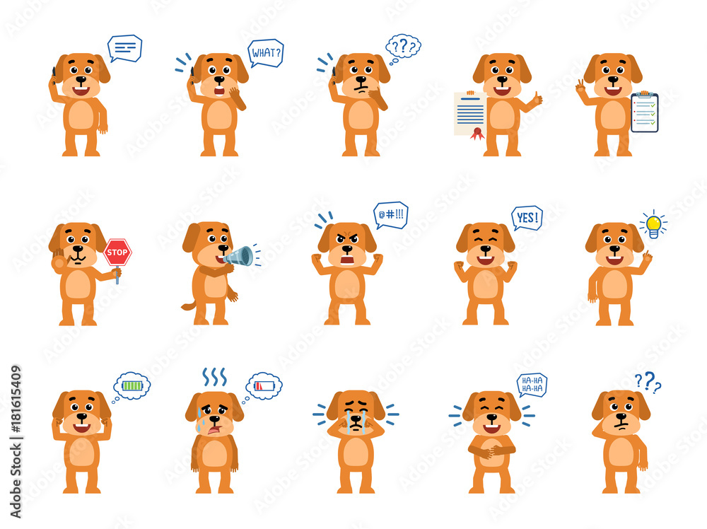 Set of funny yellow dog characters showing different actions. Cheerful dog  talking on phone, thinking, holding stop sign, loudspeaker and showing other  actions. Flat style vector illustration Stock Vector | Adobe Stock