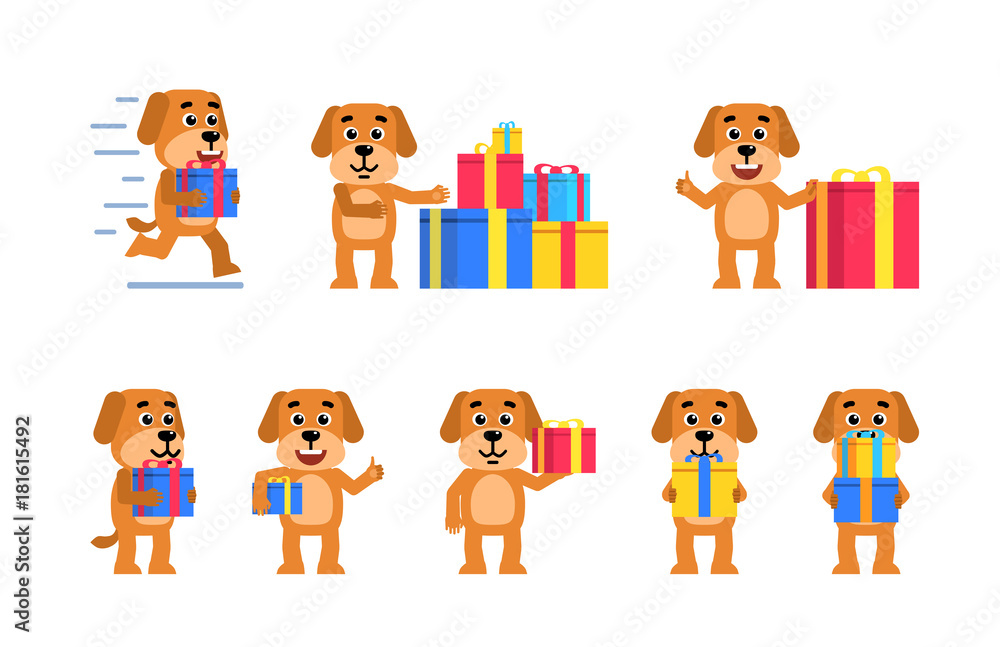 Fototapeta premium Set of funny yellow dog characters posing with gift box in different situations. Cheerful dog holding gift box, running and showing other actions. Flat style vector illustration