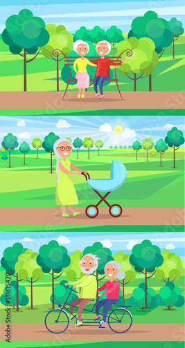 Mature People Together Grandparents Sit Ride Walk