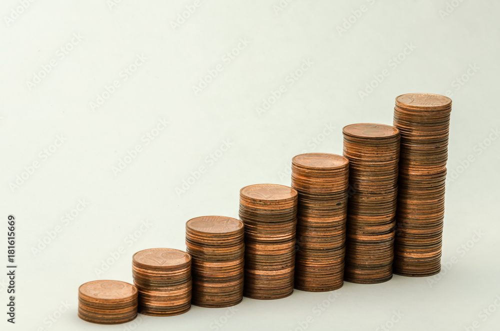 Growing mountain of coins in denomination of two euro cents isolated on white background Growing mountain of coins in denomination of two euro cents isolated on white background