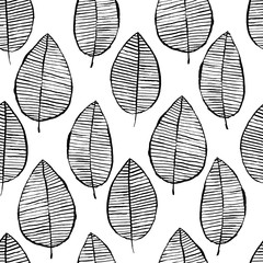 Fototapete Muster im skandinavischen Stil Vector nahtloses Muster mit gezeichneten Blättern des Aquarells Hand. Schwarzweiss-Umrisshintergrund. Trendiges skandinavisches Designkonzept für modischen Textildruck. Natur-Abbildung.  © Alina Kryshtal