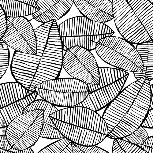 Vector seamless leaf pattern. Black and white background made with watercolor, ink and marker. Trendy scandinavian design concept for fashion textile print. Nature illustration.
