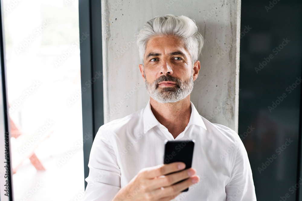 Mature businessman with smartphone in the office. Mature businessman with smartphone in the office.