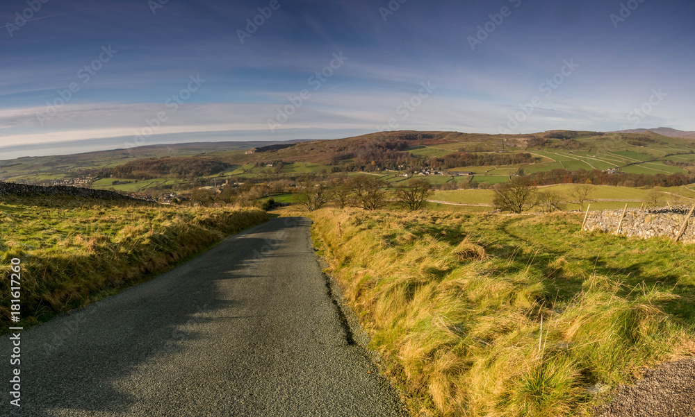 Panorama of the Yorkshire Dales above the village of Langcliffe, North Yorkshire