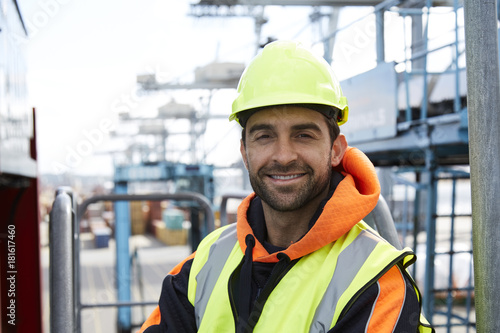 Photography Happy docker in hardhat smiling to camera