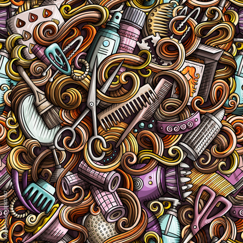 Cartoon doodles hand drawn Hair salon seamless pattern