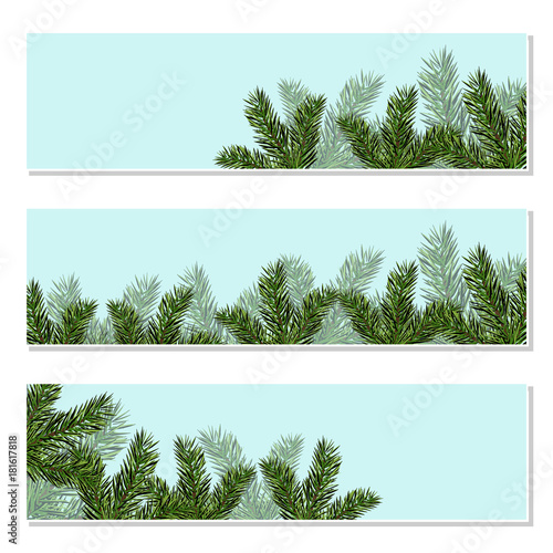 New Year Christmas. Flyer, business cards, invitations, postcards. Green tree branches close-up. Isolated Illustration