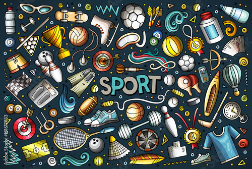 Doodle cartoon set of Sport objects and symbols