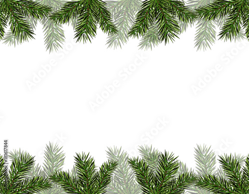 New Year Christmas. Flyer, business cards, cards, invitations. Green branches of trees from above and from below. illustration