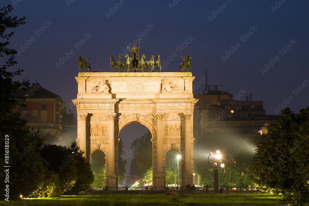 Triumphal Arch (Porta Sempione) in the Night Scenery. Milan