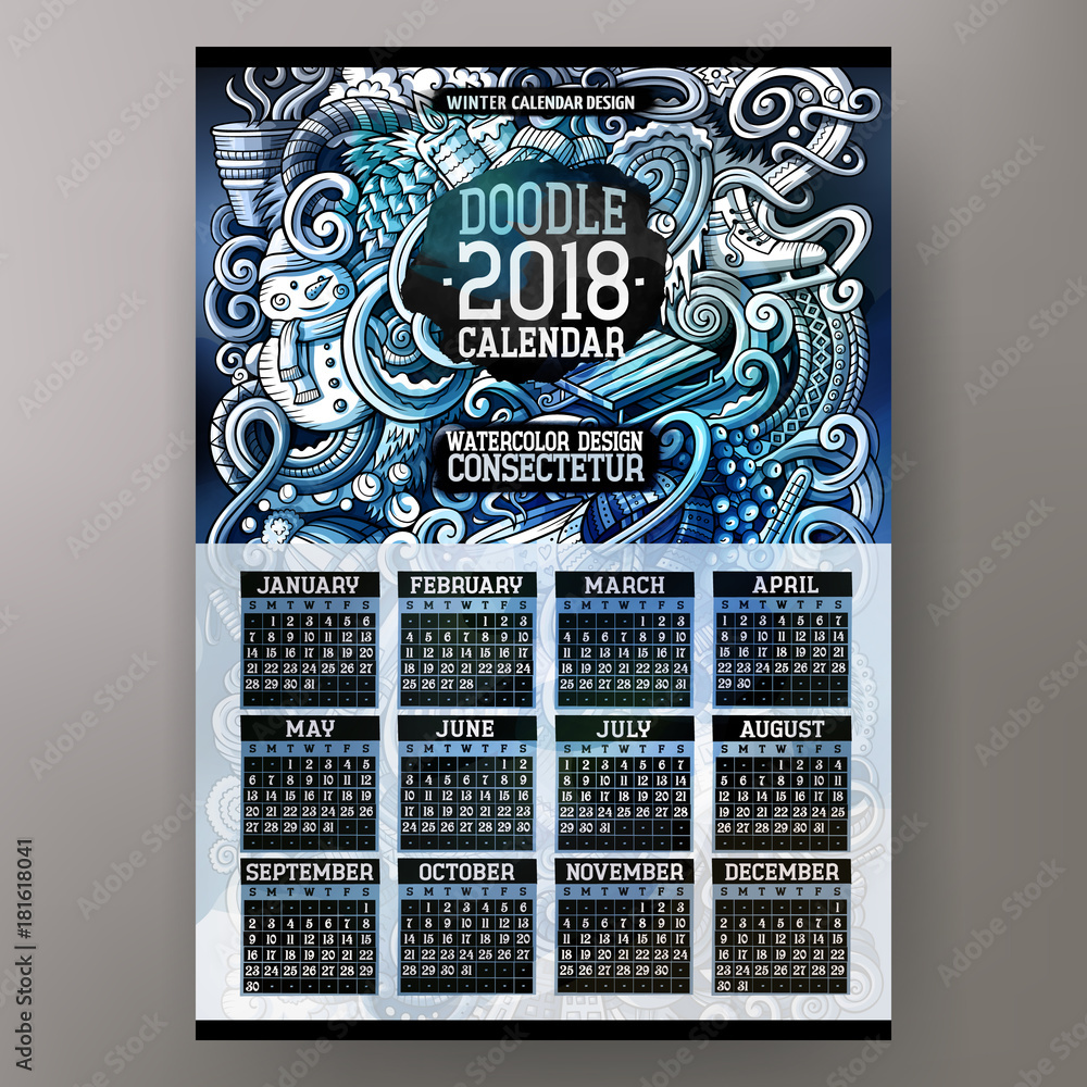 Cartoon doodles Winter 2018 year calendar template. English, Sunday start