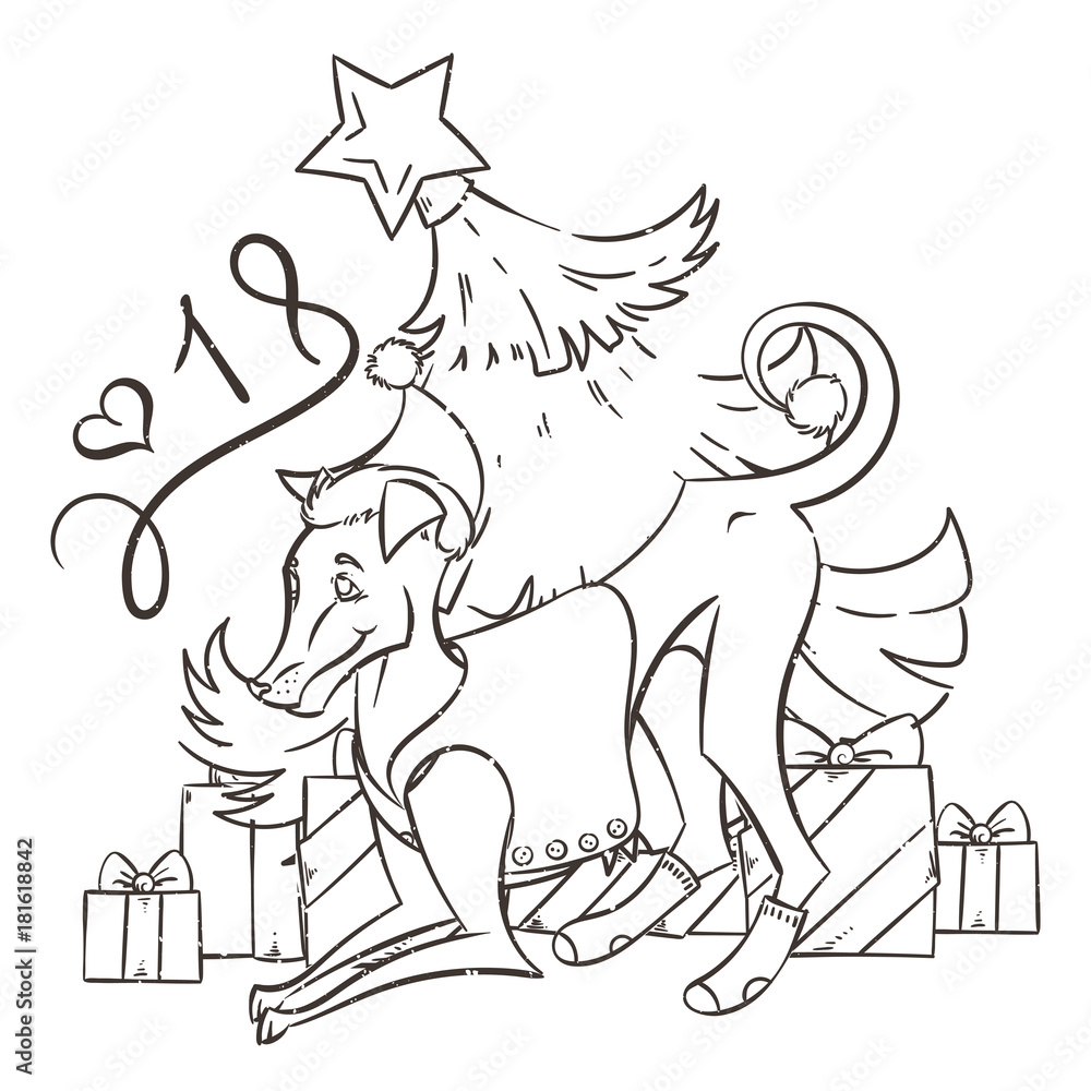 Fototapeta premium Yellow dog for New Year 2018, cute symbol of horoscope. Cute puppy in cartoon doodle style.