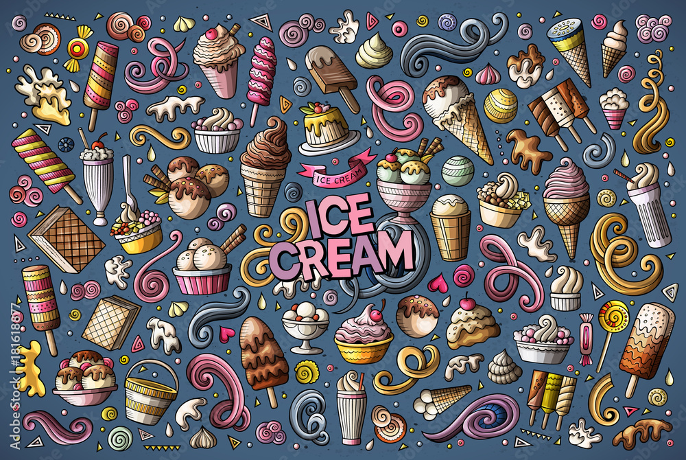 Colorful vector doodle cartoon set of ice-cream objects