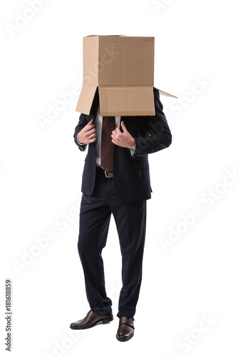 confident businessman with box on head
