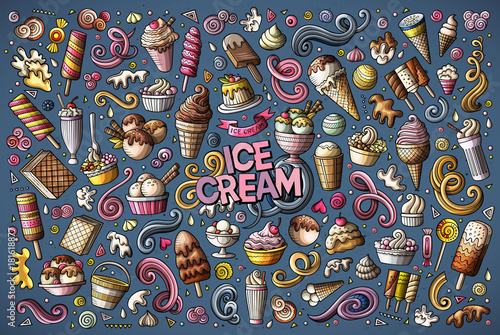 Colorful vector doodle cartoon set of ice-cream objects
