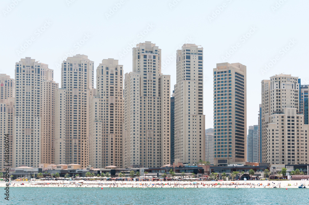 Beautiful panoramic view of Dubai Marina beach with skyscrapers in the background in Dubai, UAE