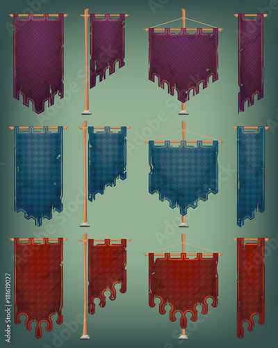 Set of aged medieval banners with wooden poles. Eps10 vector.