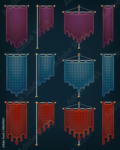 Set of medieval banners with iron poles. Eps10 vector.