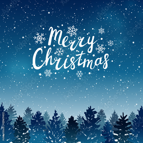 Christmas background with coniferous forest on blue sky background