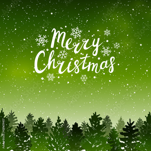 Christmas background with coniferous forest on green