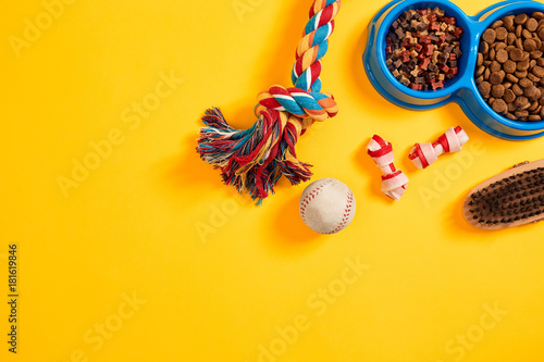 Toys -multi coloured rope, ball and dry food. Accessories for play on yellow background top view