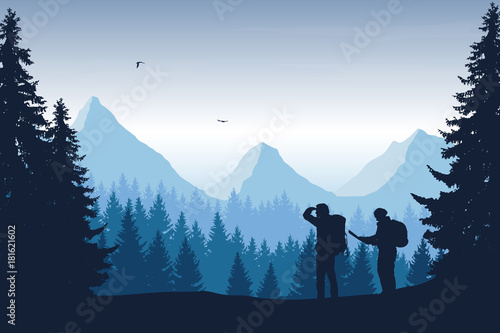 Vector illustration of a mountain landscape with a forest and two tourists, man and woman with backpacks showing his hand and looking into the distance