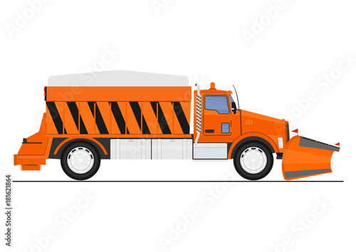 Cartoon snow plow and salt spreader. Flat vector.